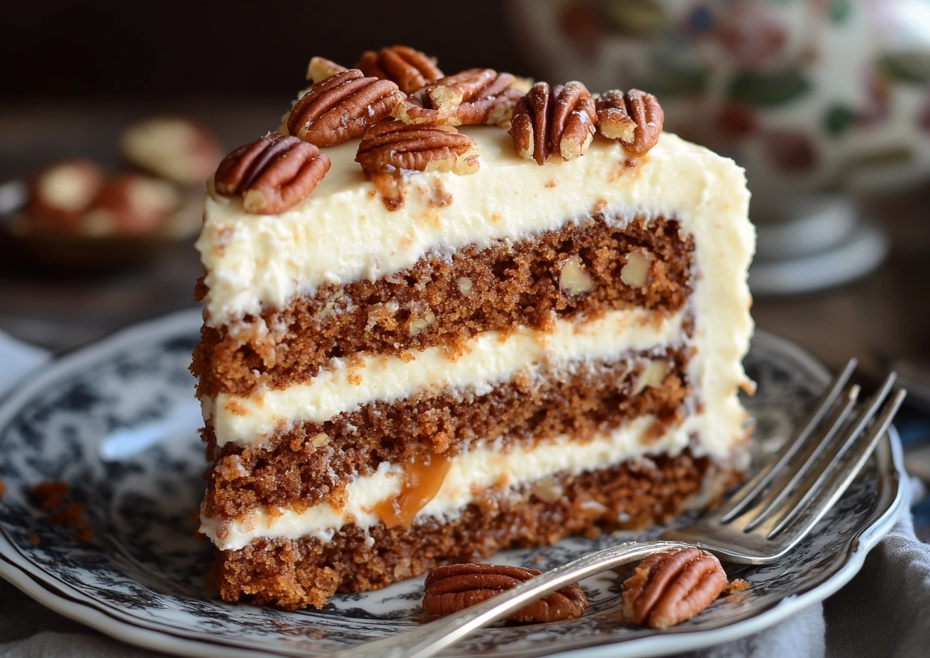 Slice of Caramel Pecan Carrot Cake
