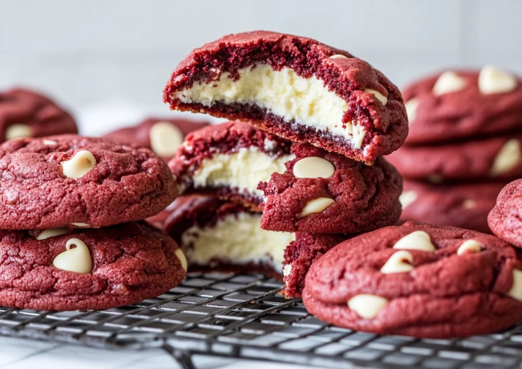 Stacked Cheesecake Stuffed Red Velvet Cookies with white chocolate chips