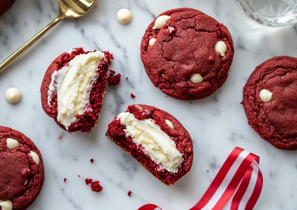 Cheesecake Stuffed Red Velvet Cookies on marble with a broken cookie revealing the filling