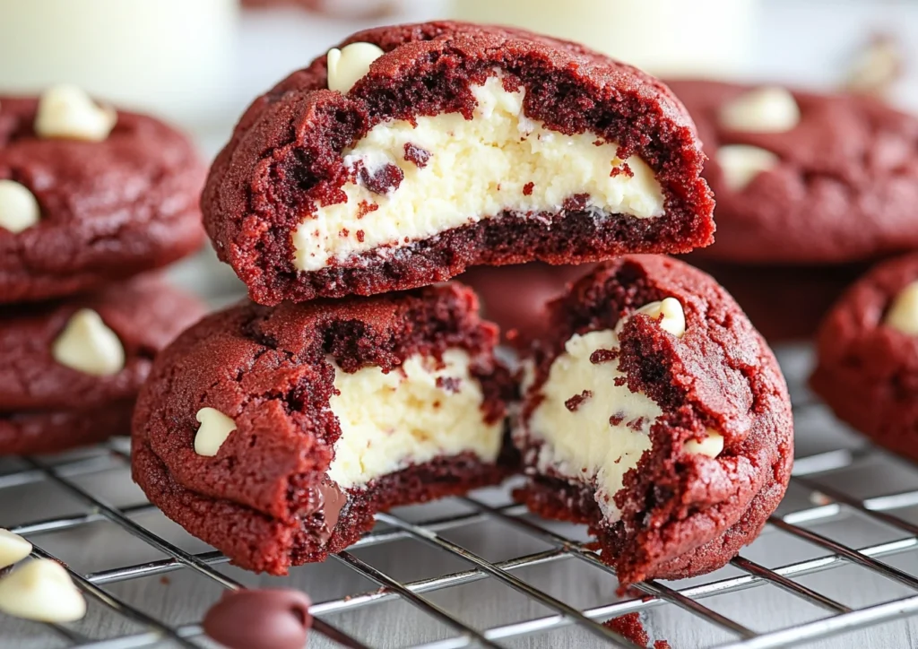 Stacked Cheesecake Stuffed Red Velvet Cookies with white chocolate chips