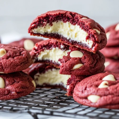 Stacked Cheesecake Stuffed Red Velvet Cookies with white chocolate chips
