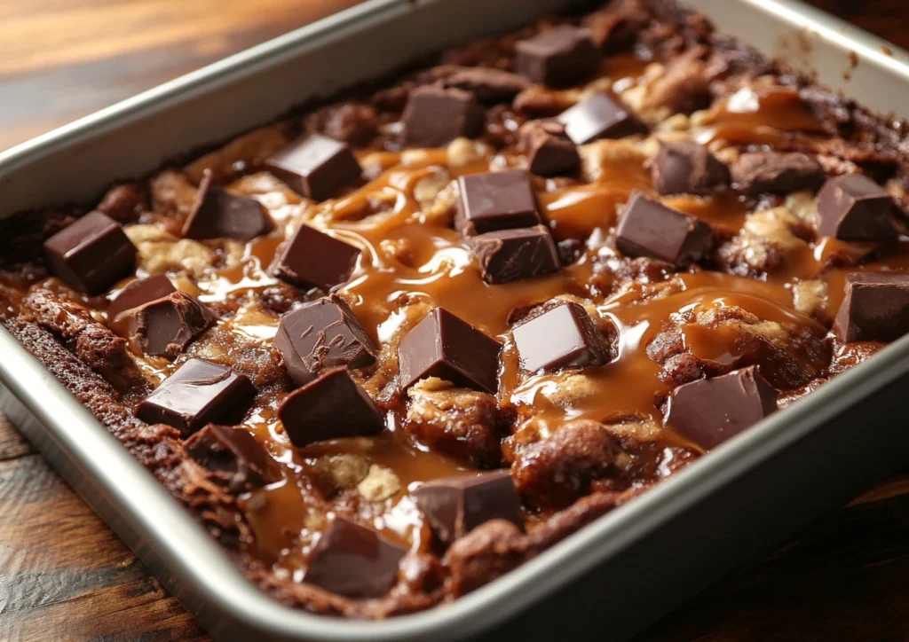 Chocolate dump cake in a baking pan