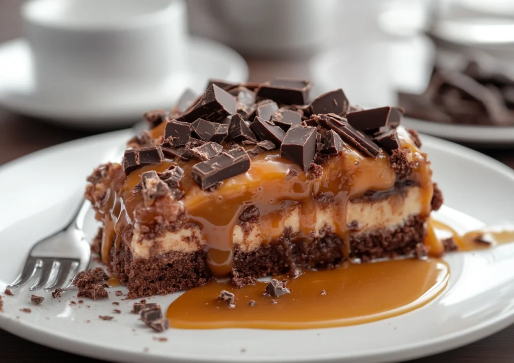 A slice of chocolate caramel dump cake