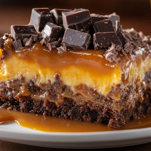 A slice of chocolate caramel dump cake