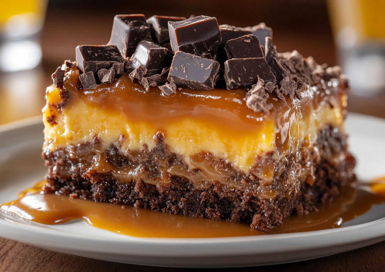 A slice of chocolate caramel dump cake