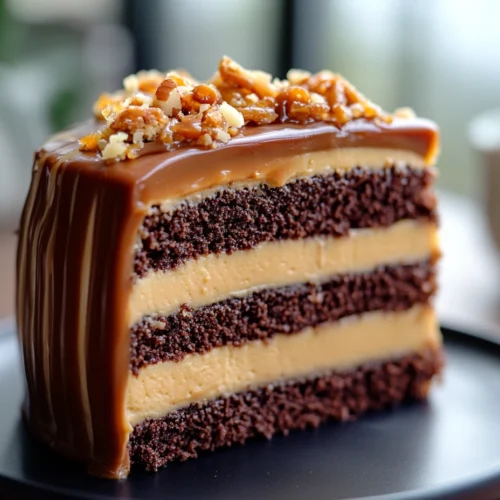 Slice of chocolate caramel toffee crunch cake