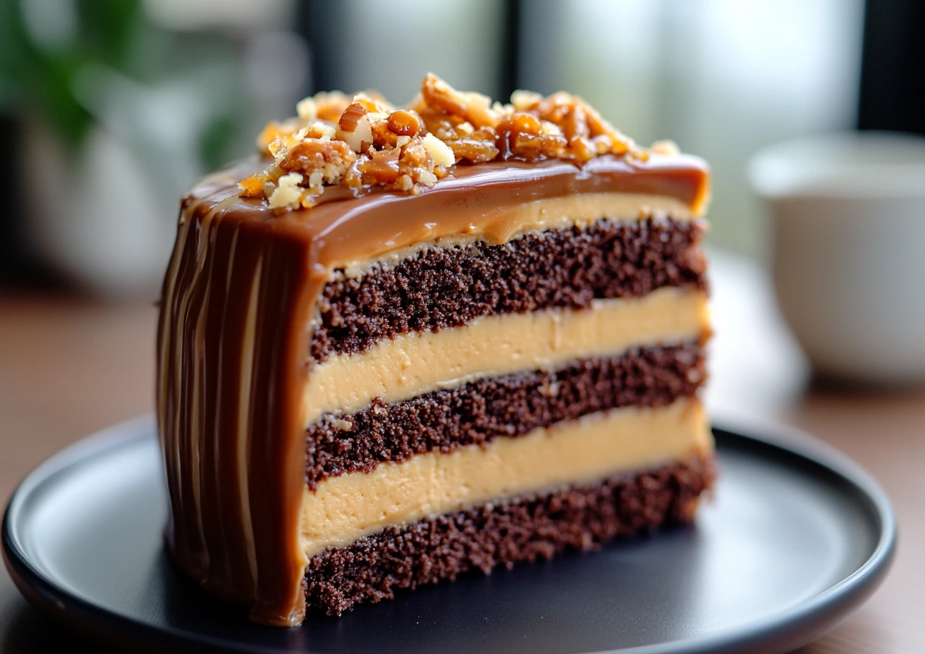 Slice of chocolate caramel toffee crunch cake