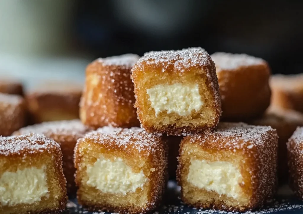 A pile of churro stuffed cheesecake bites