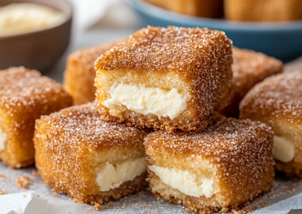 A pile of churro stuffed cheesecake bites