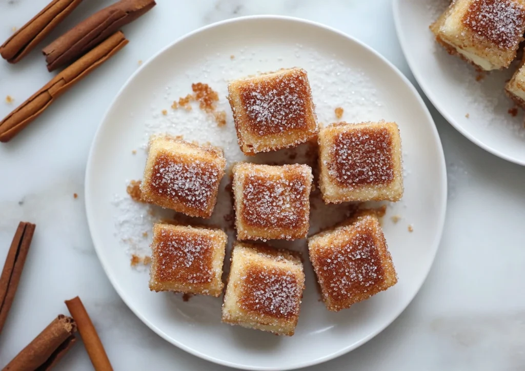 A scattered group of churro stuffed cheesecake bites
