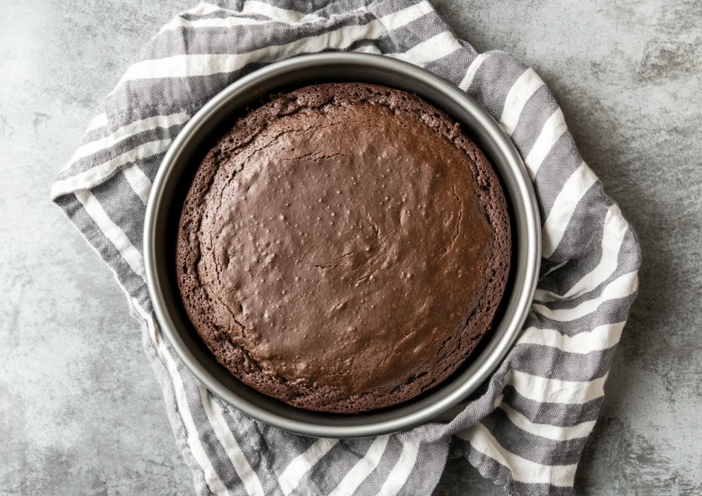 Flourless chocolate cake, still inside a silver non-stick round cake pan