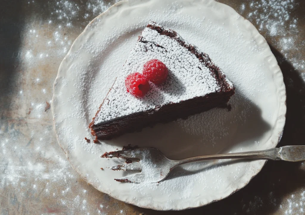 Single slice of flourless chocolate cake on a white plate