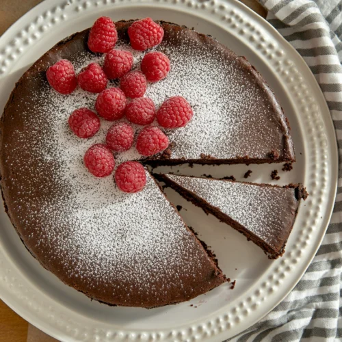 Whole flourless chocolate cake on a white plate