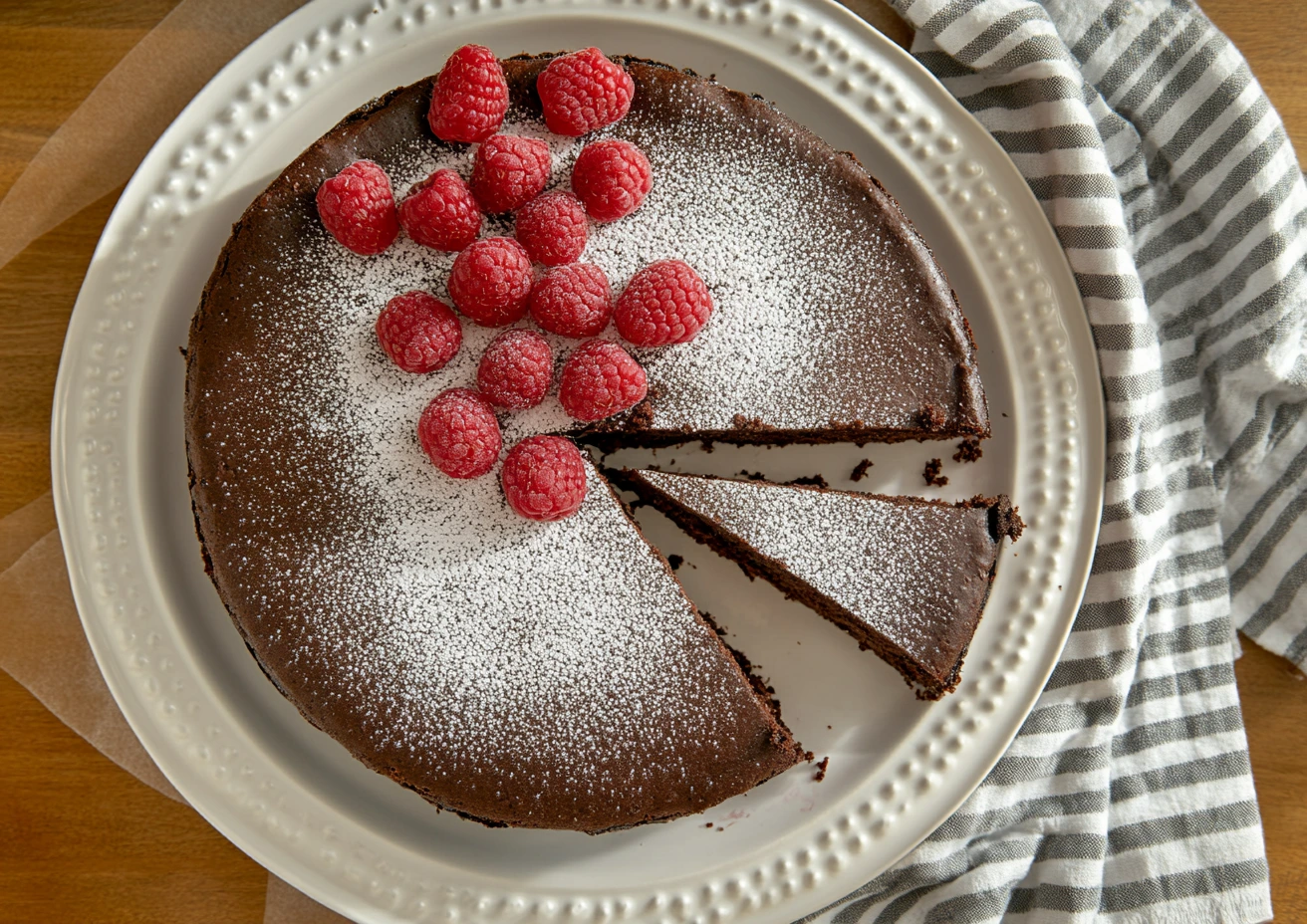 Whole flourless chocolate cake on a white plate