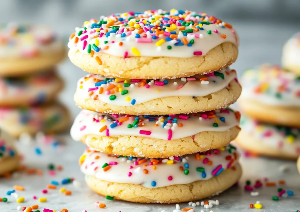 Stack of frosted funfetti cookies