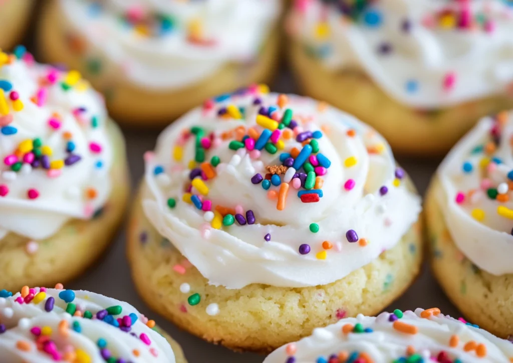 Close-up of funfetti cookies with white frosting and colorful sprinkles