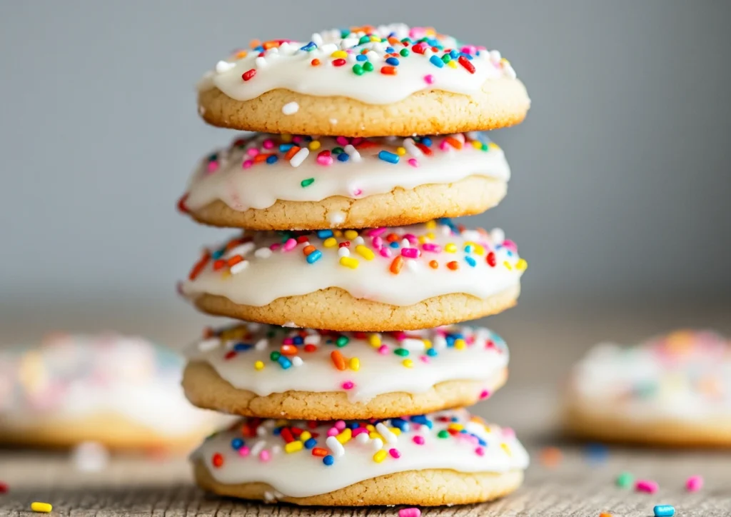 Stack of frosted funfetti cookies