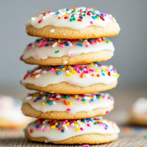 Stack of frosted funfetti cookies