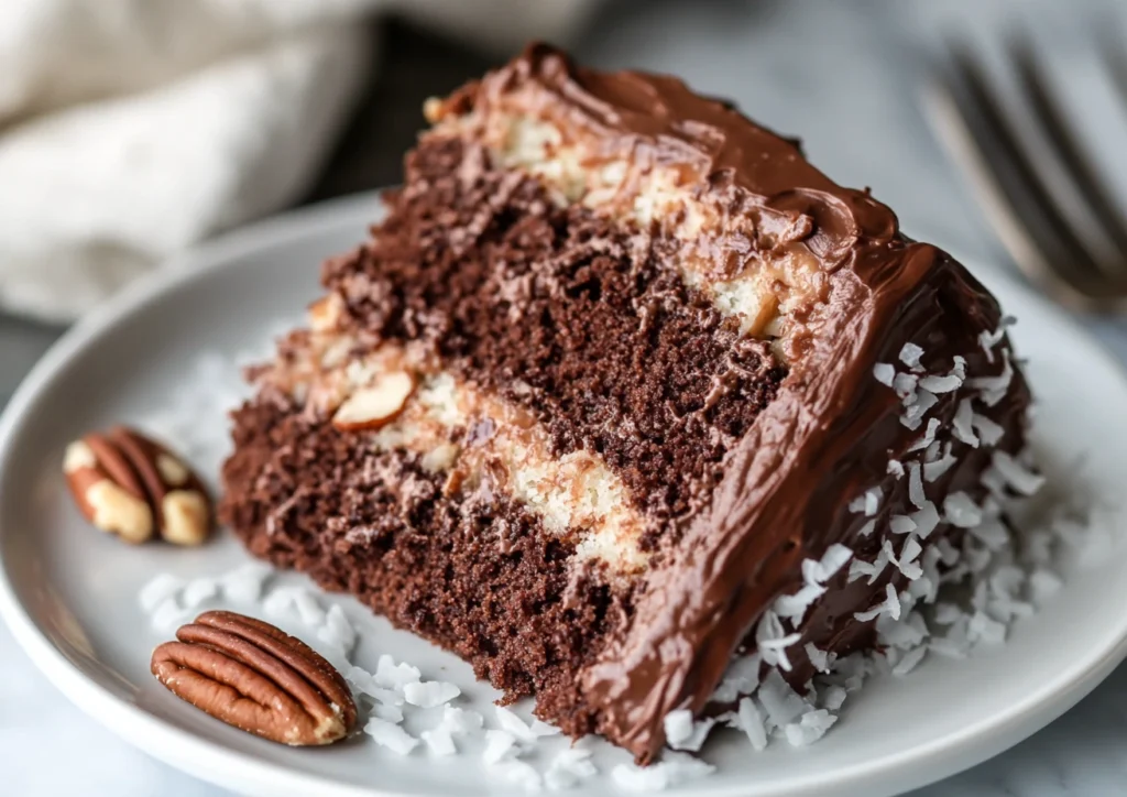 A slice of German chocolate cake on a plate with melted chocolate drizzle