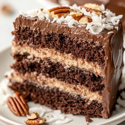 Close-up of a slice of German chocolate cake with coconut-pecan filling and chocolate frosting