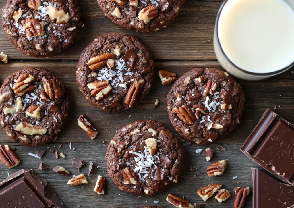 German chocolate cookies with coconut and pecans on a wooden surface