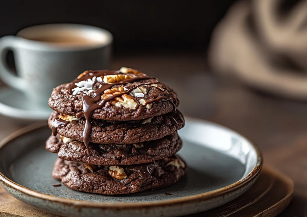 Stack of German chocolate cookies with pecans and coconut on a plate, drizzled with chocolate