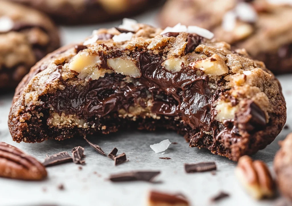 Close-up of a broken German chocolate cookie showing gooey chocolate and coconut flakes
