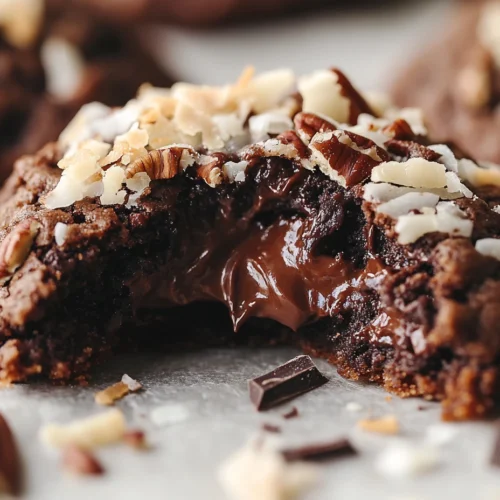 Broken German chocolate cookie showing gooey chocolate and coconut flakes