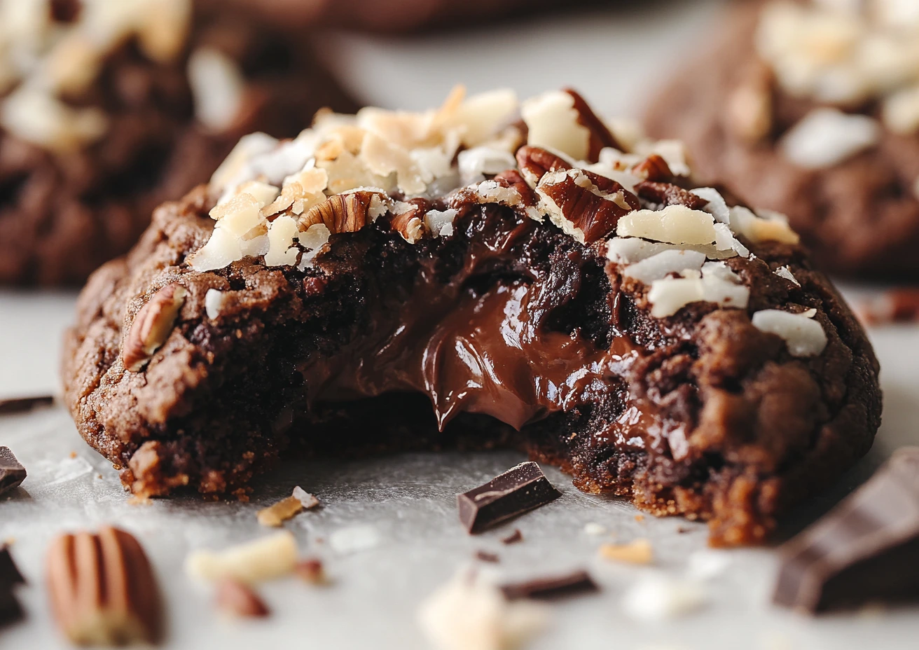 Broken German chocolate cookie showing gooey chocolate and coconut flakes