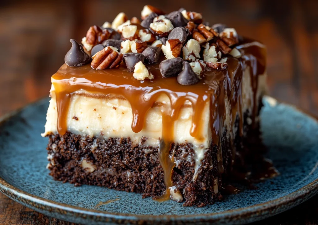 A slice of decadent, layered chocolate poke cake with caramel sauce, chocolate chips, and nuts