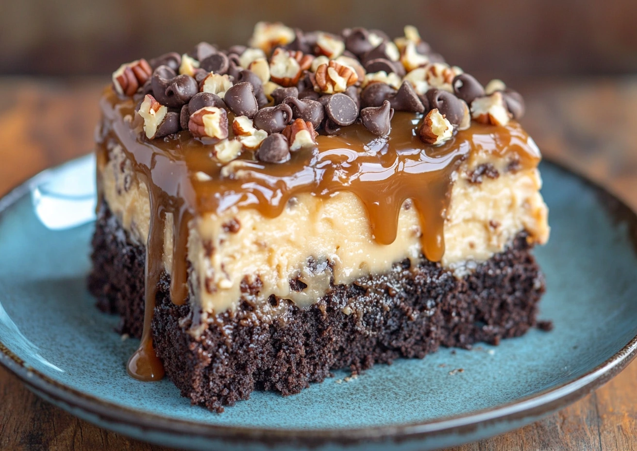 A slice of decadent, layered chocolate poke cake with caramel sauce, chocolate chips, and nuts