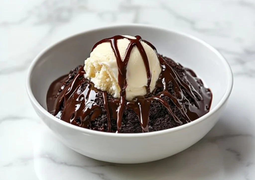 White bowl filled with chocolate pudding cake and dripping chocolate sauce, topped with a scoop of vanilla ice cream