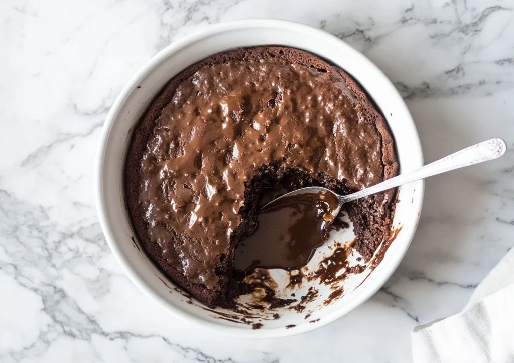 Warm chocolate pudding cake in a white ceramic baking dish