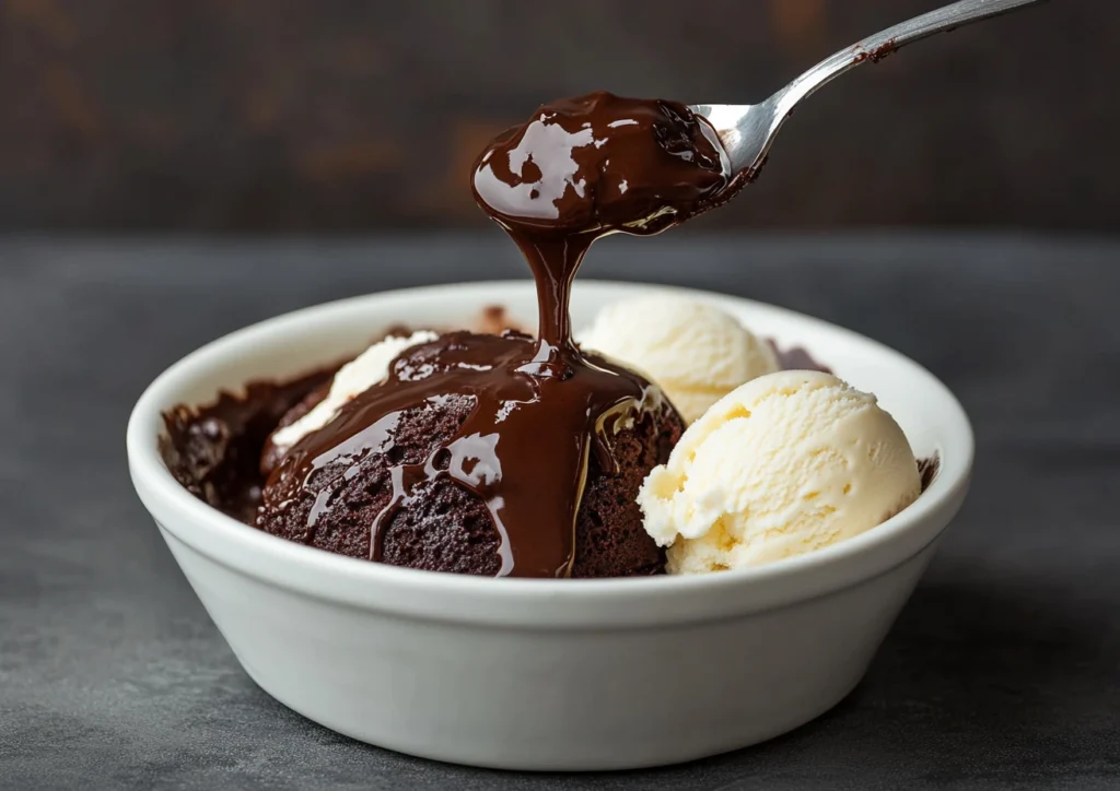 A spoonful of rich chocolate pudding cake dripping with chocolate sauce