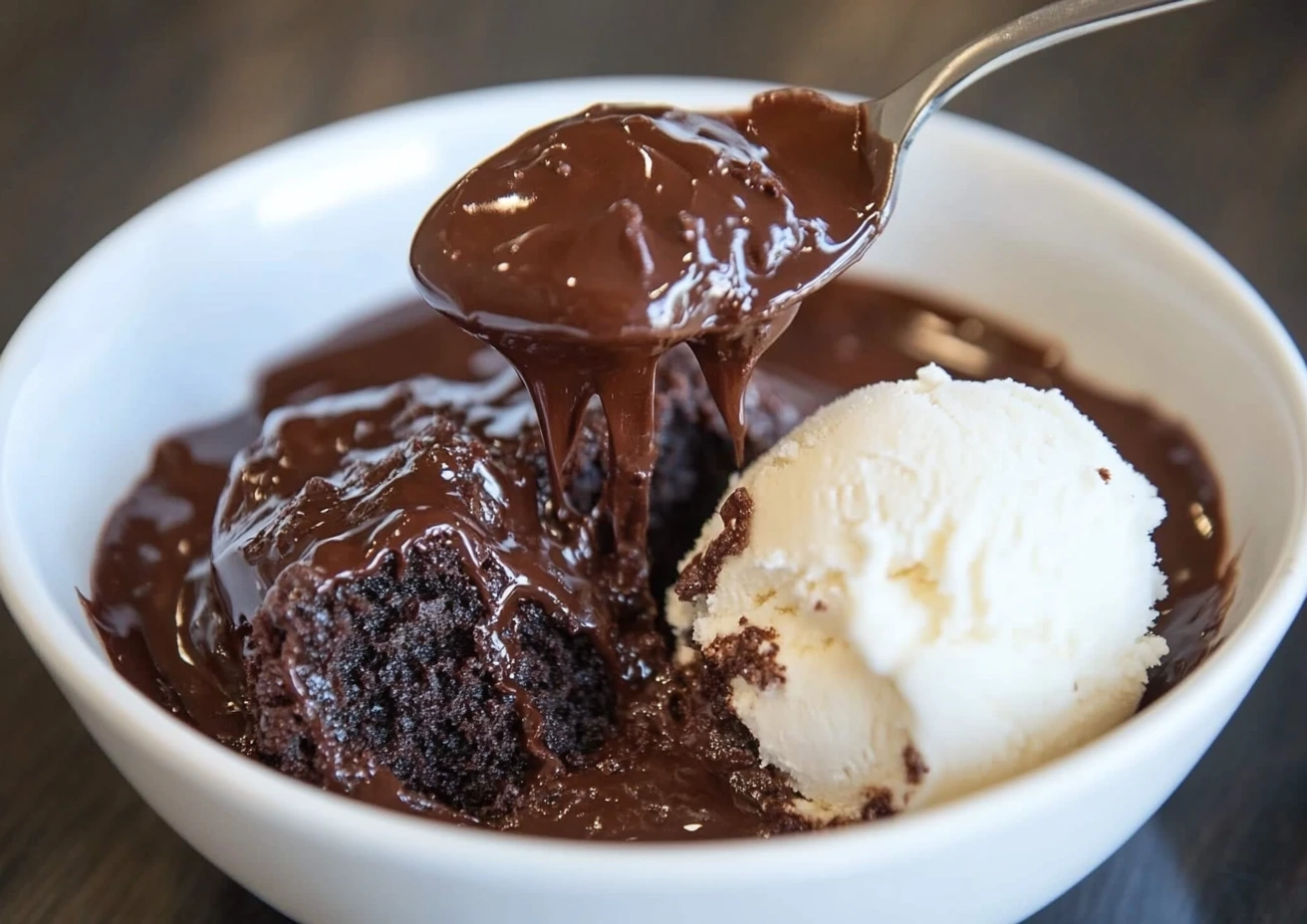 A spoonful of rich chocolate pudding cake dripping with chocolate sauce