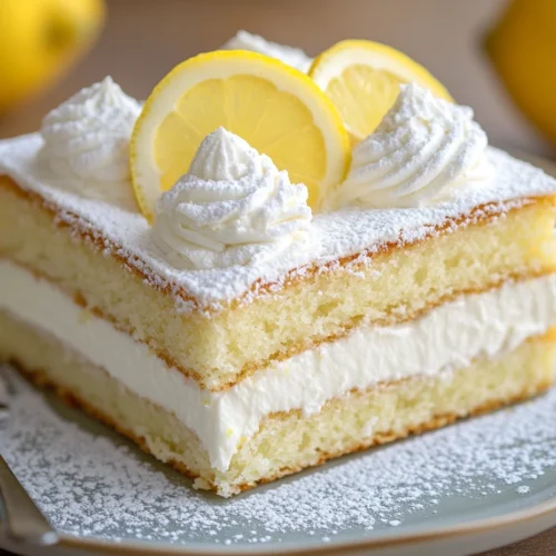 Rectangular slice of italian lemon cream cake