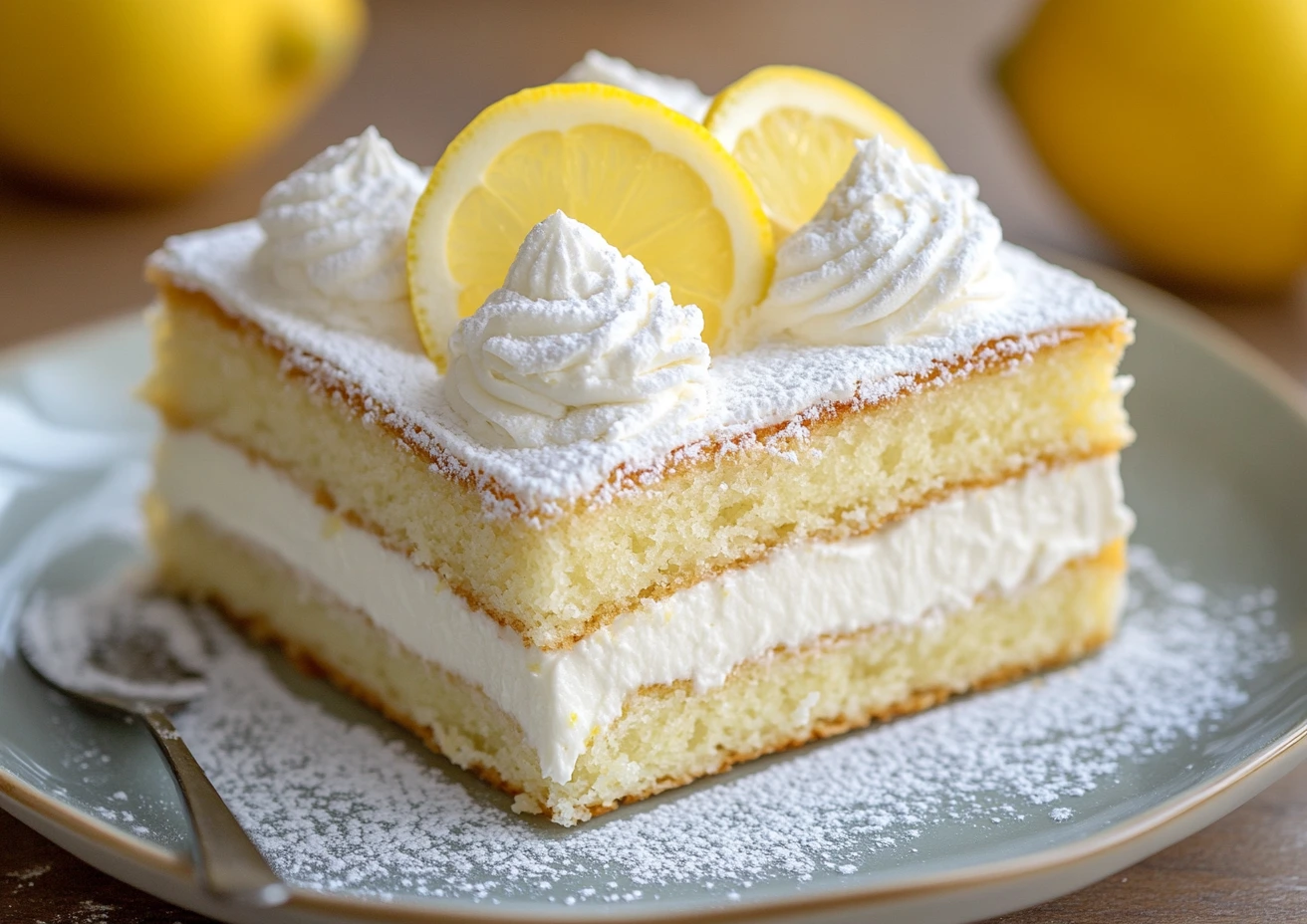 Rectangular slice of italian lemon cream cake