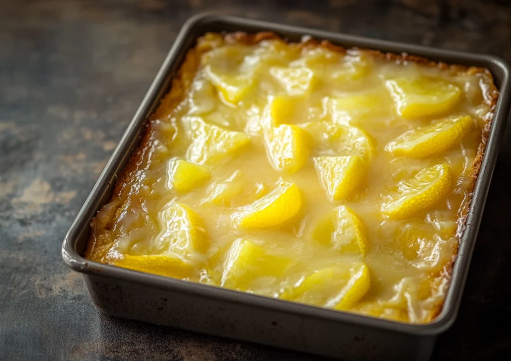 Lemon cake in baking pan covered with lemon glaze