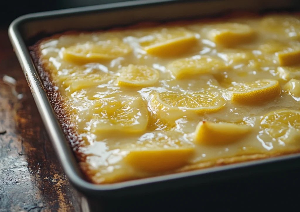 Lemon cake in baking pan covered with lemon glaze