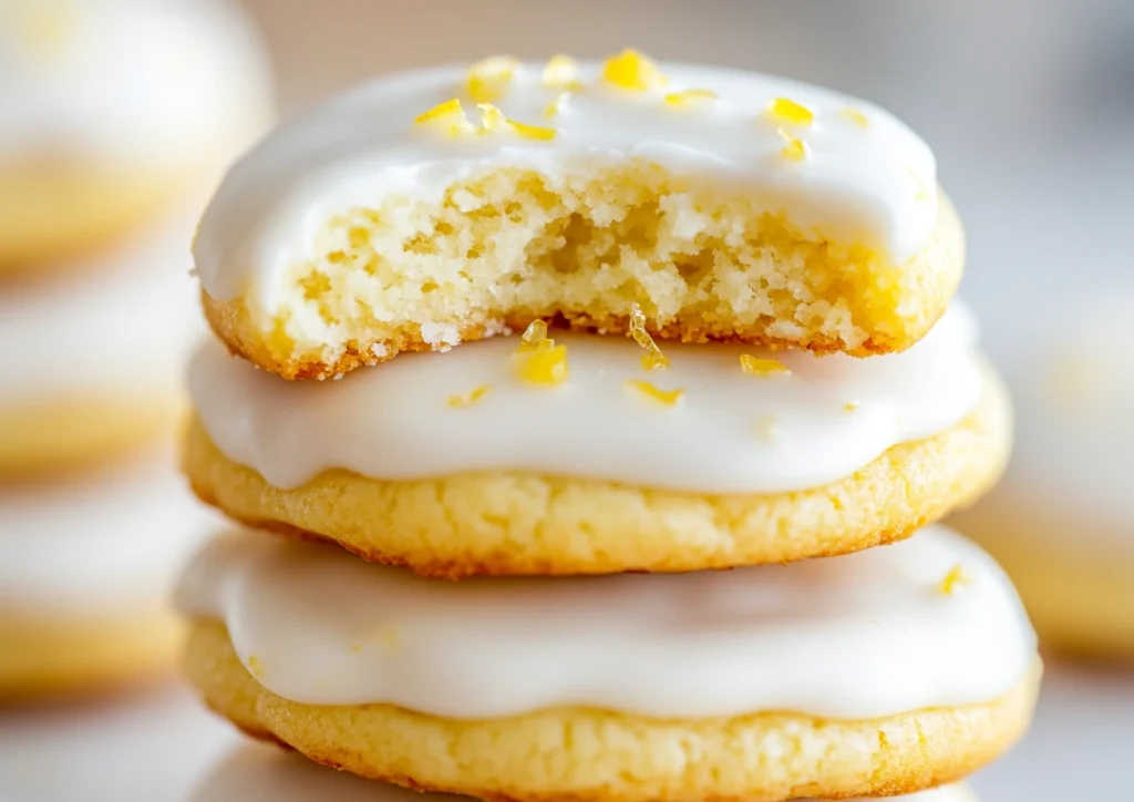 Stack of soft lemon cream cheese cookies with a glossy white glaze