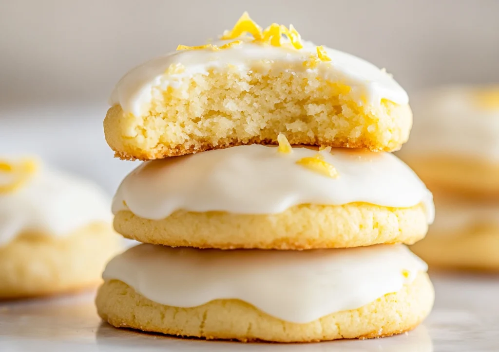 Stack of soft lemon cream cheese cookies with a glossy white glaze