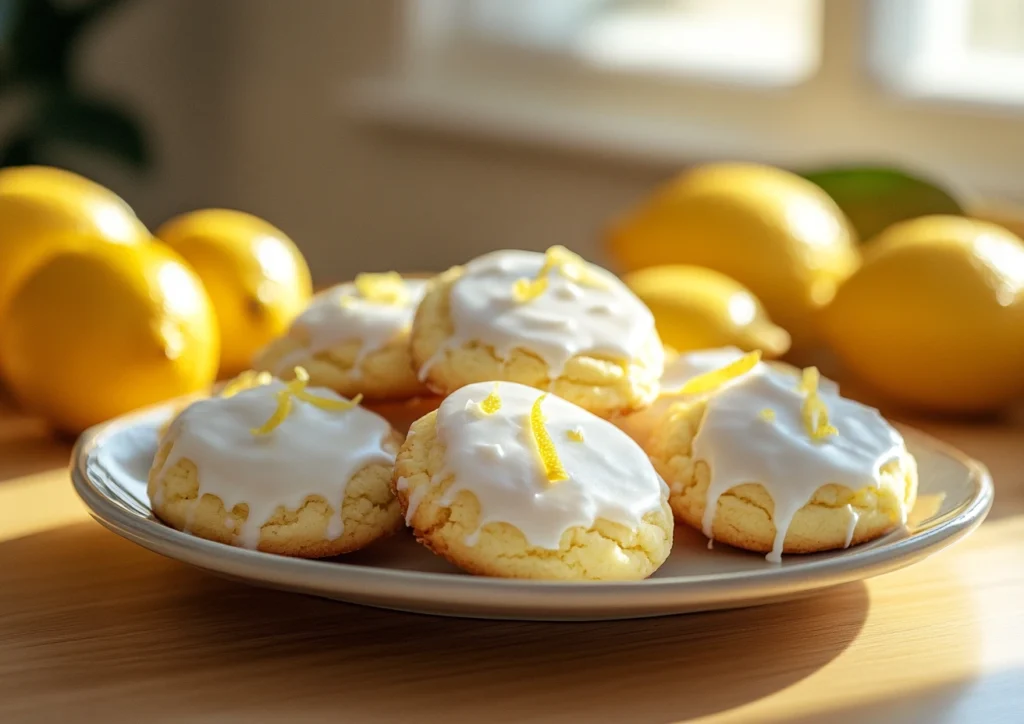 Soft Lemon Cream Cheese Cookies arranged on a plate