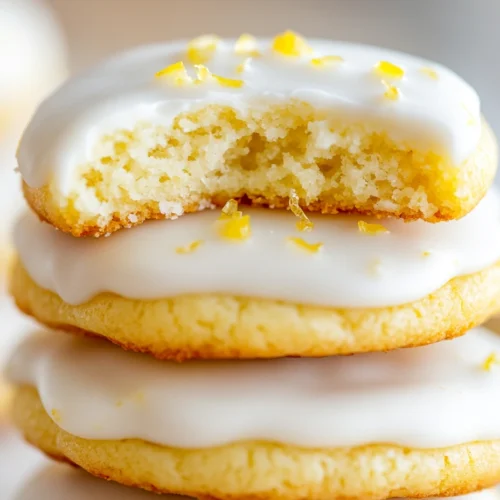 Stack of soft lemon cream cheese cookies with a glossy white glaze