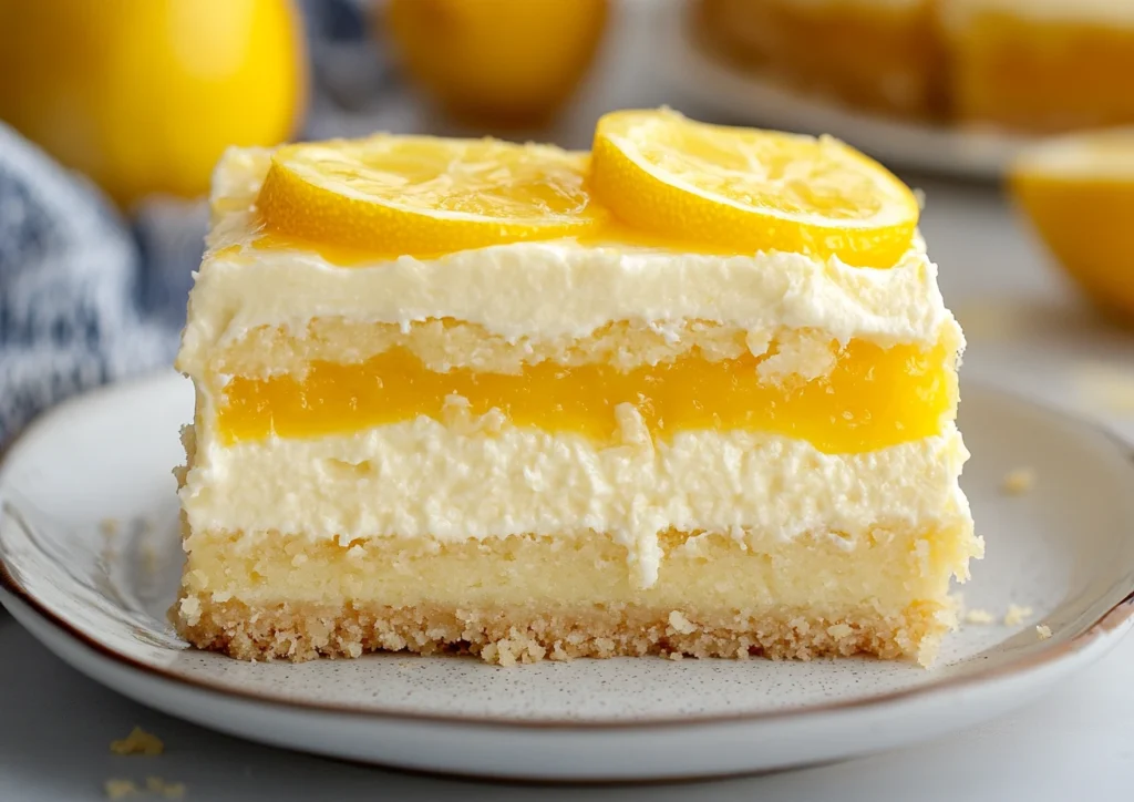 A slice of lemon cream cheese dump cake