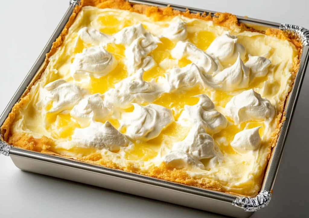 Lemon cream cheese dump cake in a baking pan