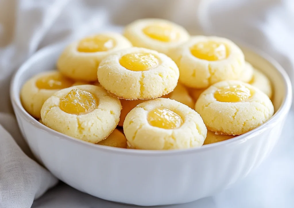 Bright yellow zesty lemon thumbprint cookies with delicate textures placed inside of a white bowl