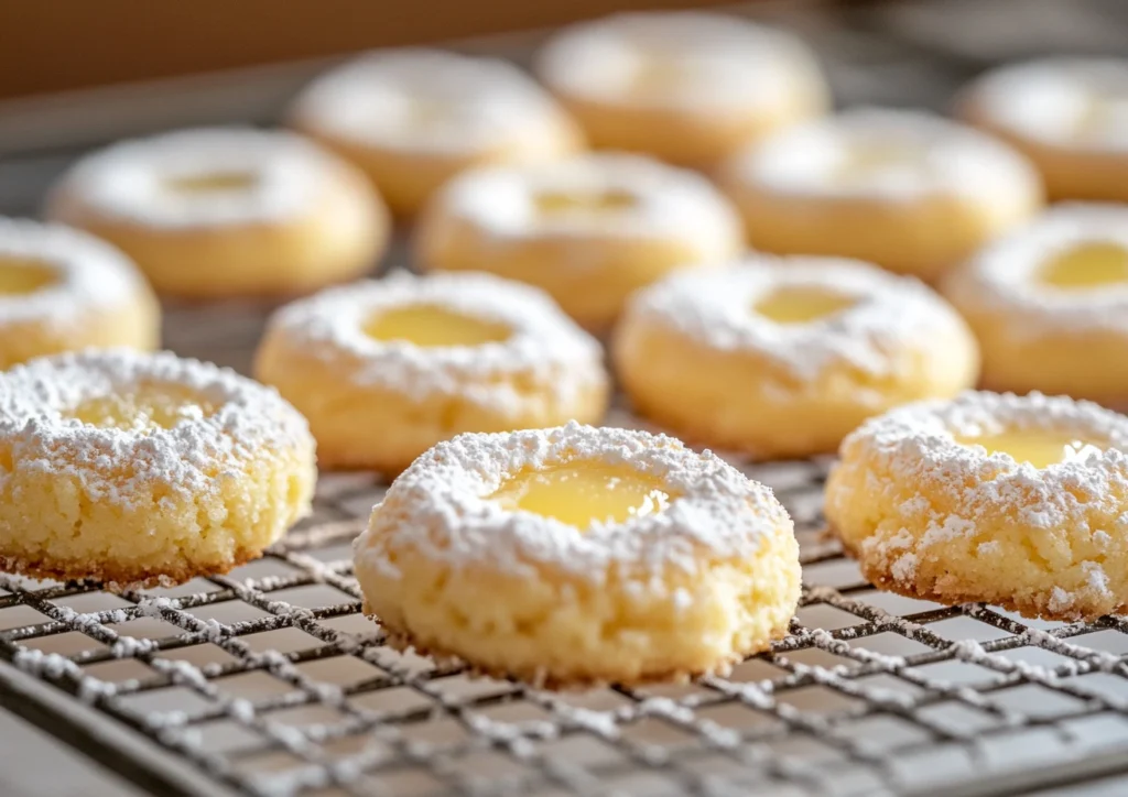 Lemon Thumbprint Cookies dusted with powdered sugar placed on top of a wire rack