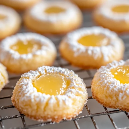 Lemon Thumbprint Cookies dusted with powdered sugar placed on top of a wire rack