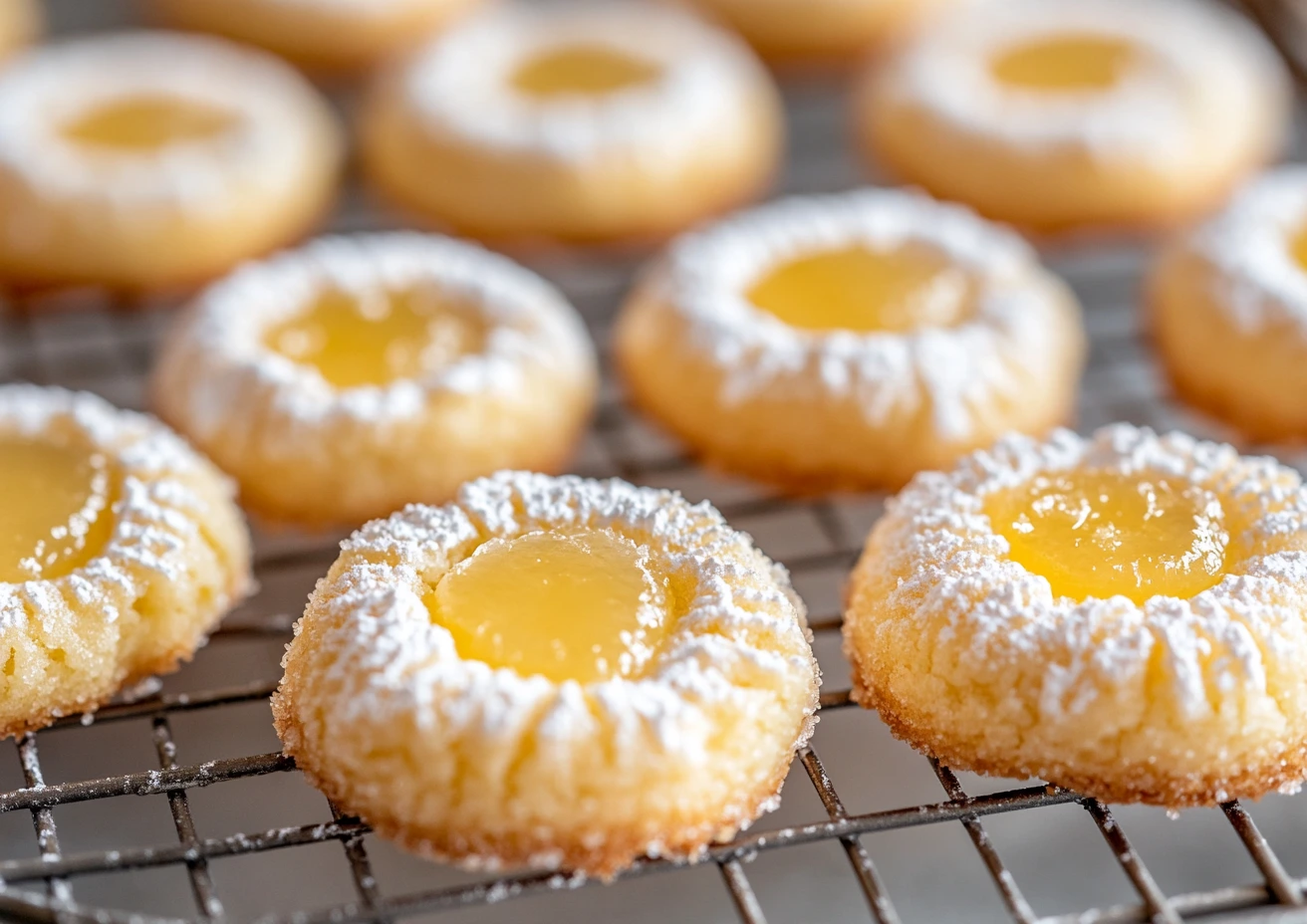 Lemon Thumbprint Cookies dusted with powdered sugar placed on top of a wire rack
