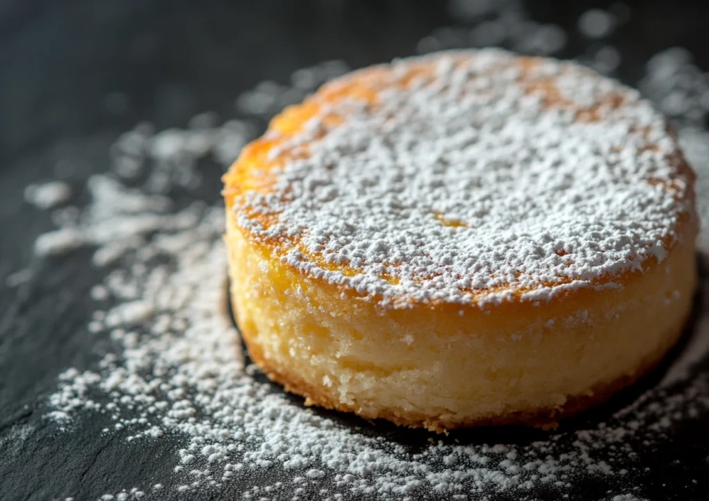 A round lemon custard cake, dusted with powdered sugar